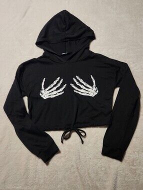 G Mini USA Black Skeleton Hands Cropped Hoodie Women's Size M Halloween Alt Goth